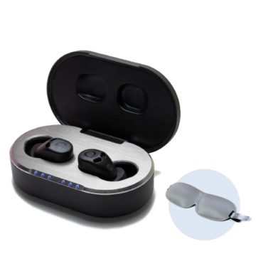 QuietOn Sleep Buds with active noise‑cancelling technology paired with a soft blackout sleep mask and compact charging case for improved sleep quality and reduced noise.