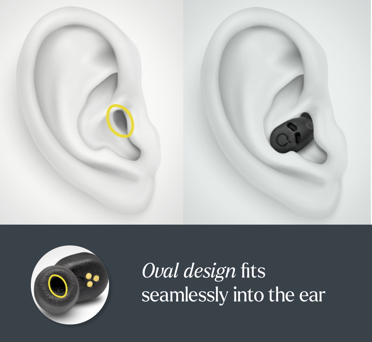 QuietOn 4 active noise cancelling sleep buds with oval‑shaped design fitting naturally into the ear for comfortable side sleeping.