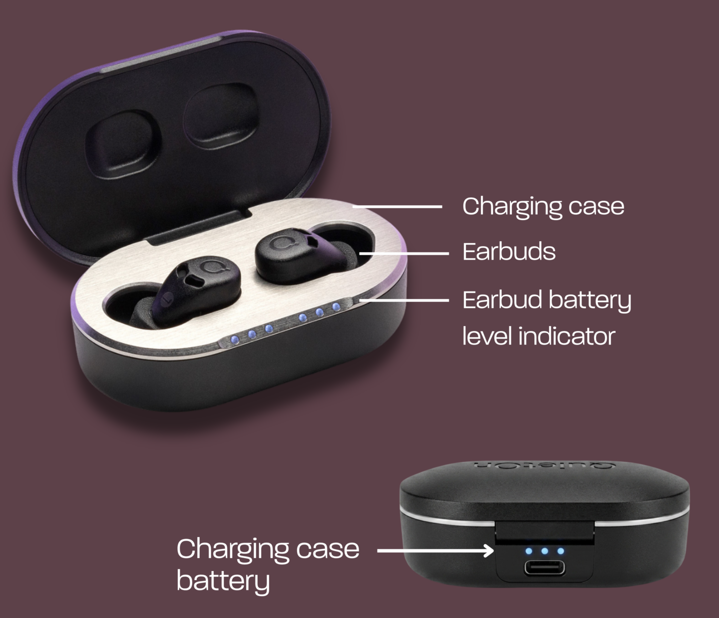 QuietOn 4 earbuds in the open charging case, with labels for the case, earbuds and battery level indicators.